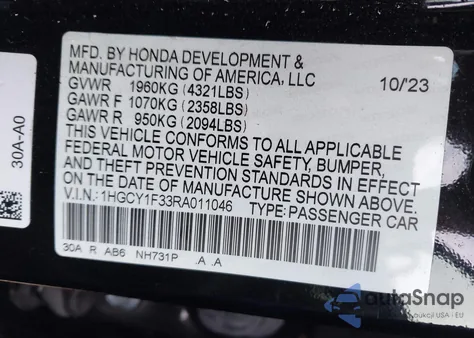 2024 Honda Accord Ex from USA, damaged, VIN 1HGCY1F33RA011046